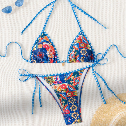 2025 New Bikini Cross-Border European and American Foreign Trade Printed Triangle Cup Pendant Sexy Bikini Swimsuit Swimwear for Women
