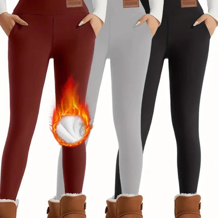 Cross-Border Women's High Waist Warm Fleece-Lined Leggings - Super Soft Stretch Yoga Pants Pocket Casual Pants