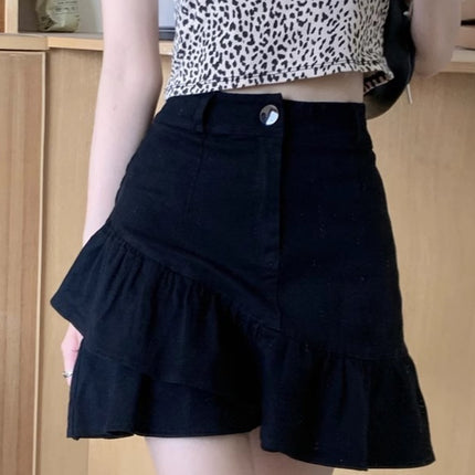 Black Irregular A-Line Skirt for Women 2025 Spring/Summer New Ruffled High-Waisted Pencil Skirt Anti-Exposure Slimming