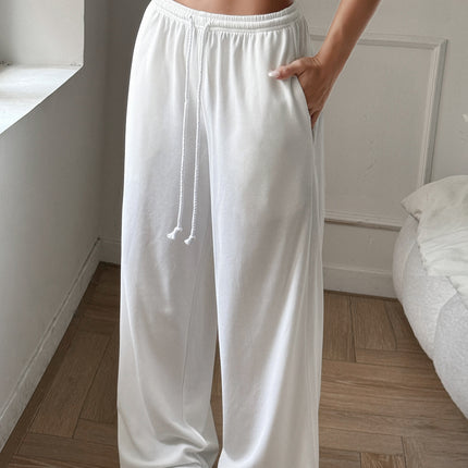European and American New Autumn Women's Sports Daily Casual Elastic Waistband Pocket Solid Color Wide-Leg Pants with a Relaxed Feel