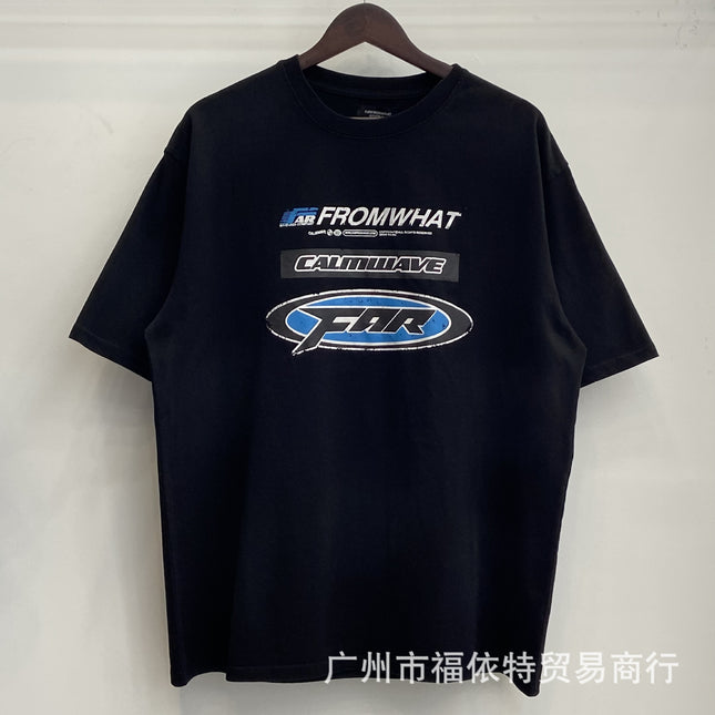 Cross-Border Far American Washed Distressed Short-Sleeved High Street Cross Lip Print Style Fashion Casual Loose Men's and Women's T-Shirts
