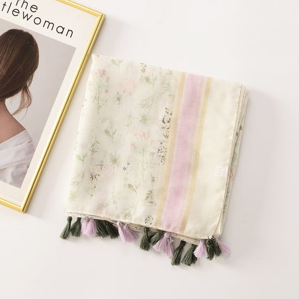 Fresh plain cotton and linen hand scarf White small floral tassel travel photo decorative shawl sunscreen beach towel
