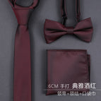 6cm elegant burgundy hand tie + bow tie + pocket scarf