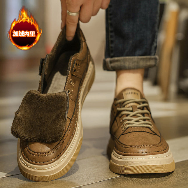 Men's Shoes Autumn 2025 New Style British Casual Leather Shoes Winter Sneakers Thick-Soled Fleece-Lined Sports Work Trendy Shoes Cotton Shoes