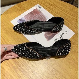 Flat Shoes for Women 2025 Spring and Summer New Retro Shallow Mouth Pointed Toe Soft Bottom Bean Shoes Bow Rhinestone Scoop Shoes