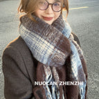 New dotted line pattern brushed fleece scarf - blue coffee