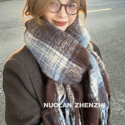 New Maillard Cashmere Plaid Scarf Women's Autumn and Winter Thickened Warm Shawl Dual-purpose Solid Color Student Scarf