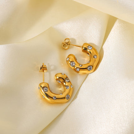 European and American Ins Irregular Hammered Zircon C-Shaped Hoop Earrings 18K Gold-Plated Stainless Steel Earrings Women's Geometric Hammered Earrings