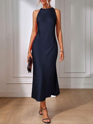 European and American Cross-Border Amazon Satin Dress Women's Spring and Summer Sleeveless Slit Satin Imitation Silk Long Skirt