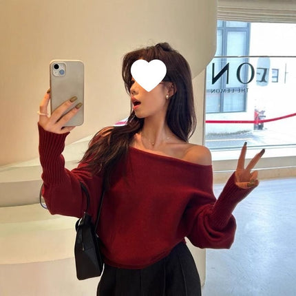 Korean Chic Autum Retro Elegant Round Neck Pullover Pure Color Loose Versatile Lantern Sleeve Knitwear for Women