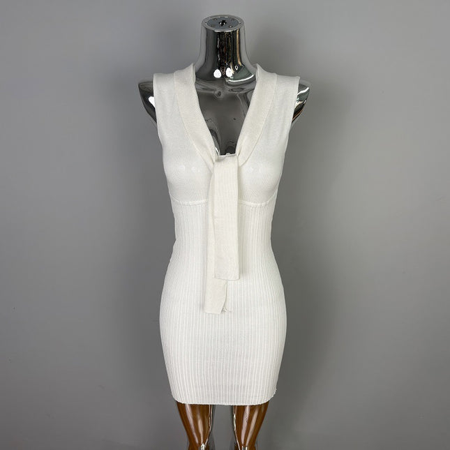 South Korea's Dongdaemun Slimming Look, Sexy and Feminine Figure-Showing Ribbon Sleeveless Hip-Covering Knitted Dress