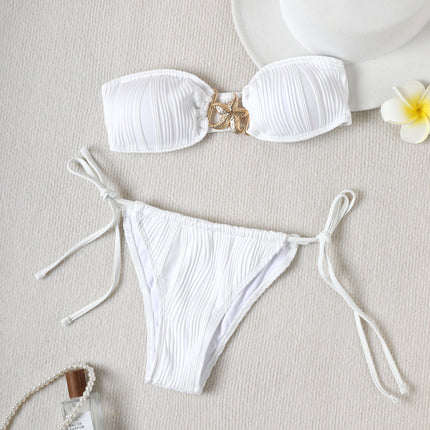 European and American Export 2025 New Fashion Pure Color Sexy Sexy Lace-Up Backless Split Swimsuit Women's Bikini Swimsuit
