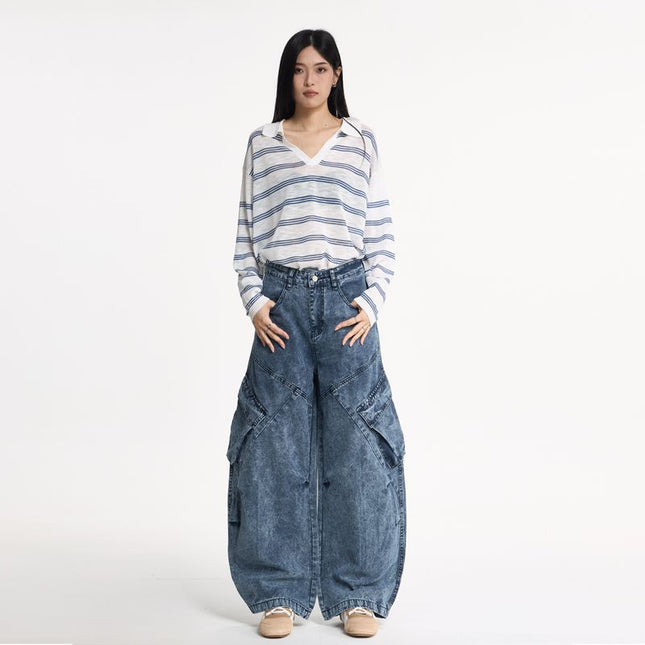Jiamu American Baggy Silhouette Scimitar Unisex Cargo Pants Casual Pants for Men and Women Loose Wide-Leg Multi-Pocket Pleated