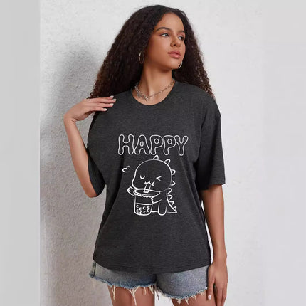 Fashion Joker Texture Color Cotton T-shirt Cartoon Dinosaur Clove Printing Casual Loose Short Sleeve European and American Cross