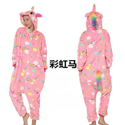 Cartoon One-Piece Cross-Border New Flannel Autumn and Winter Pajamas Animal Luminous Pegasus Dinosaur Couple Pajamas Home Clothes