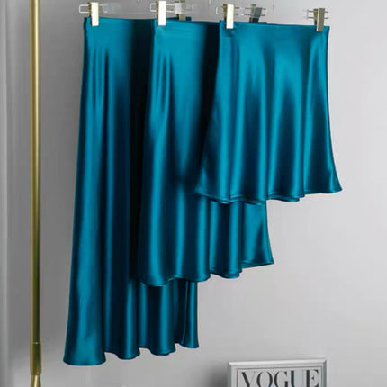 Elastic Waist Triacetate Skirt for Women Peacock Blue Short Mid-Length Slim Elegant Ol Draped Fishtail Aa Version