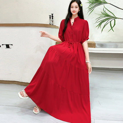 Cross-border chubby girl Super plus size Women's Dress Southeast Asian Short-sleeved Cotton Silk Large Swing Dress Mid-sleeved Beach Dress