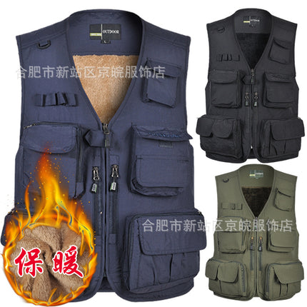 Winter clothing warm vest men's multi-pocket and velvet thickened leisure vest outdoor travel mountaineering outdoor winter wear cold clothing