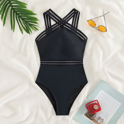 2025 New Aliexpress European and American Cross-Border Bikini Solid Color Cross Strap One-Piece Sexy Bikini Swimsuit for Women