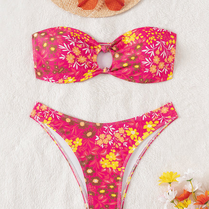 2025 New Swimsuit Female Sexy Cross-Border Split Floral Bikini Bikini Tube Top Cut Out Export Swimsuit Female