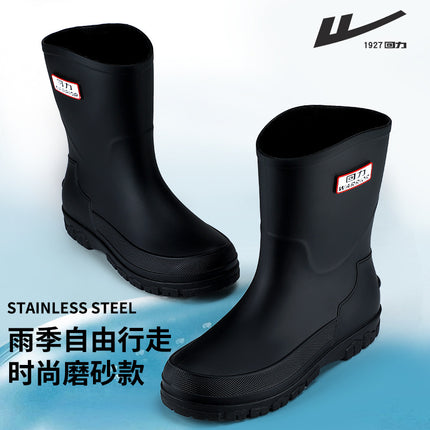Pull Back New Fashion Men's Rain Boots Mid-Tube Rubber Shoes Water Shoes Non-Slip Wear-Resistant Car Wash Work Waterproof Shoes Warm Winter