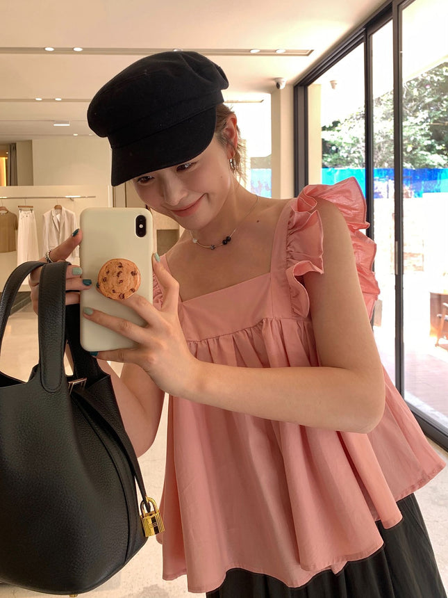 Huang Lian Sweet Feifei Sleeve Ruffled Camisole Women's 2025 Summer Back Bow Doll Shirt 142Sh313