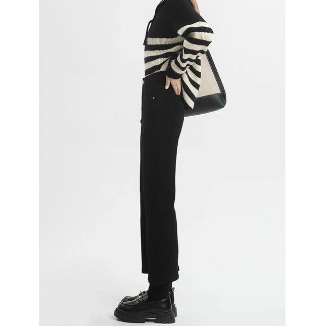 fleece-lined Thickened Black Straight-Leg Jeans Women's Trendy All-Match High Waist Slim-Fit Slim-Fit Hip Nine-point Smoke Tube Pants