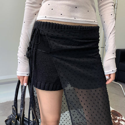 Dorothy South Korea Quality Fart Curtain Flocking Wave Dot Perspective Stacked Spare Skirt Mid-Length Niche Lace-Up Skirt