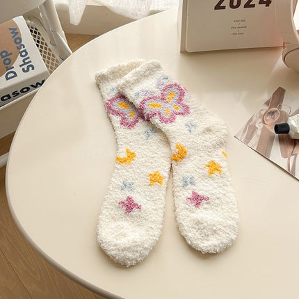 Autumn and Winter Coral Fleece Socks Women's Hair-free Flower Butterfly Floor Socks Thickened Warm Home Sleep Socks