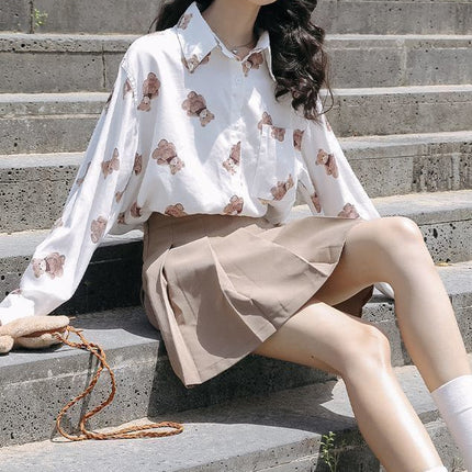 Personalized Printing ~ Retro Elegant Niche Hong Kong Style Long-Sleeved Shirt for Women Spring & Fall New Loose Casual Lapel Shirt