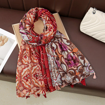 Fresh and Elegant Red Petal Mixed Printed Tassel Gauze Women's Cotton and Linen Scarf Travel Decorative Shawl