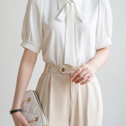 Commuter White Shirt Women's Bow Ribbon Chiffon Summer New Puff Sleeve Professional Interview Dress Short Sleeve Shirt