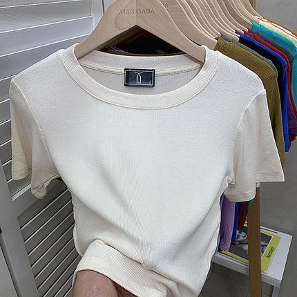 European New plus size Solid Color Loose Elastic Thread Short-sleeved T-shirt Women's Base Shirt Top Fashionable Green Shirt