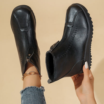 Cross-Border Export Large Size Snow Boots for Middle-Aged and Elderly Soft Leather Boots with Zipper and Velvet Thick Sole Warm Wedge Short Boots Mom Boots