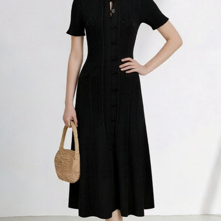 2026 New French-Style Elegant Socialite Short-Sleeve Knit Dress with Hollow-Out Ribbed Design and Single-Breasted Slim-Fit Long Dress