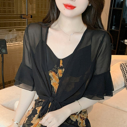2025 Summer Thin Small Shawl Short Jacket Women's Sun Protection Clothing Easiest for Match Short Small Waistoutwear Chiffon Cardigan Air Conditioning Shirt