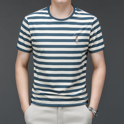 Mingdi Mouse Men's Summer New Short-sleeved Young and Middle-aged Crewneck T-shirt Business All-match Striped Men's T-shirt Top