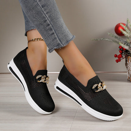 2024 spring and summer new foreign trade plus size women's shoes flying woven mesh surface hollow breathable shoes metal chain wedge casual shoes