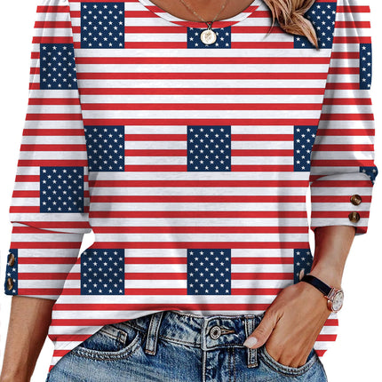 50 Colors Cross-Border European and American Amazon Spring and Summer New Printed T-Shirts with Cuff Buttons, Casual Versatile Vacation Women's Clothing