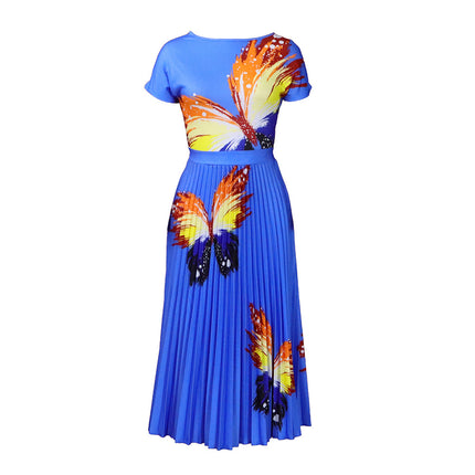 Q067 European and American Women's 2022 New Fashion Printed Top Pleated High Waist Skirt Set Foreign Trade Two-piece Set