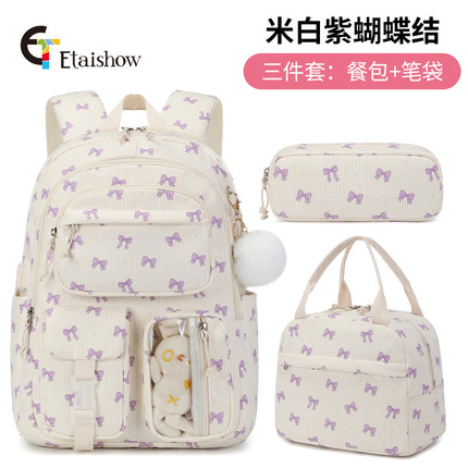 High School Ins Campus Large Capacity Three-Piece Corduroy Printed Backpack New Style Casual All-Match Backpack