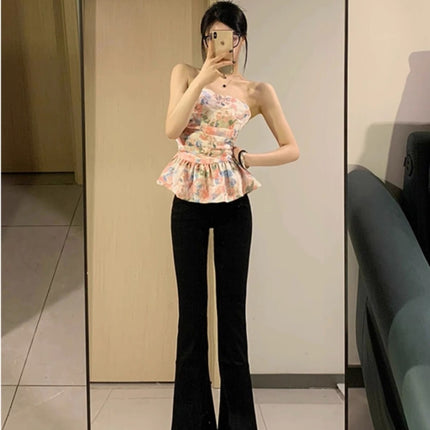 Tall Women's Black Flared Jeans, Spring High-Waisted Slim Fit Stretchy Floor-Length Bootcut Pants