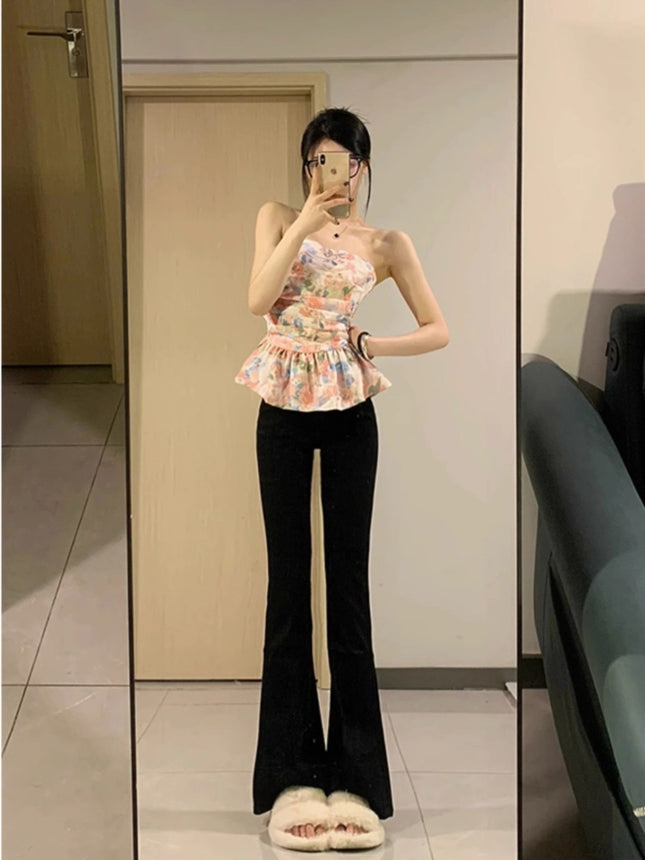 Tall Women's Black Flared Jeans, Spring High-Waisted Slim Fit Stretchy Floor-Length Bootcut Pants