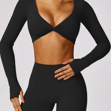 suit European and American Cross Yoga Clothes Top Women's Long Sleeve V-Neck with Chest Mat Fitness Clothes Tight Pilates Training Clothes