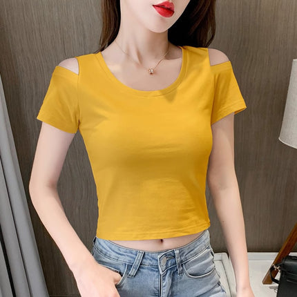 Short-Sleeved T-Shirt Women's Short Crop Top Off-Shoulder 2025 Summer New Tight-Fitting High-Waist Slim Sexy T-Shirt