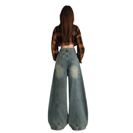 Amazon European and American Style Cross-Border American Retro Washed Distressed Denim Scimitar Pants for Women Loose Wide-Leg Casual Pants