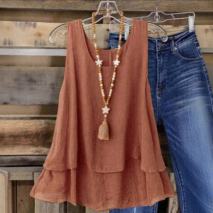 European and American Cross-Border 2025 Amazon Temu Foreign Trade Summer New Solid Color Sleeveless U-Neck Fake Two-Layer T-Shirt Women's Clothing