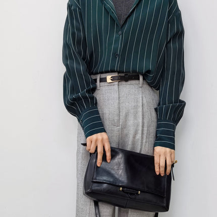 Special Offer: Commuter Ol Style, Simple and Elegant Seaweed Green Striped Print Silk Shirt for Women, Long-Sleeve Button-Up Mulberry Silk Blouse