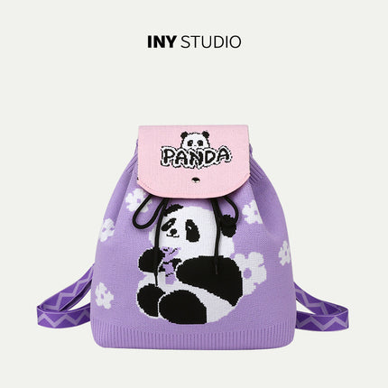 Grandpa Panda Cartoon Knitted Bag Women's Handbag Spring and Summer Popular Large Capacity Shoulder Drawstring Bag Versatile Backpack