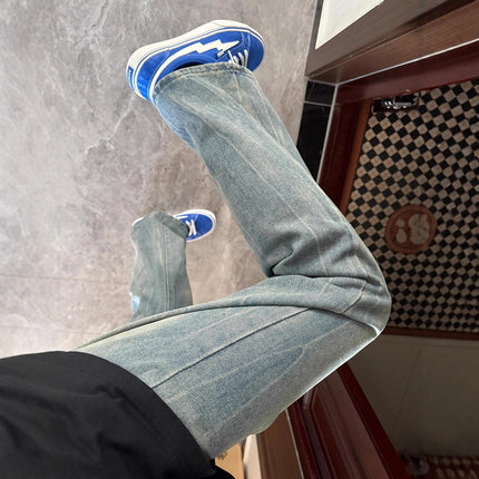 Ice Blue Lightning Pattern Jeans for Men, New Summer Style American-Style Slightly Flared Straight Pants, Cleanfit Trendy Brand Pants
